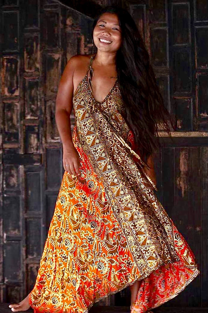 Sunset Orange and Bronze Bali Batik Dress Indulge by Clairey
